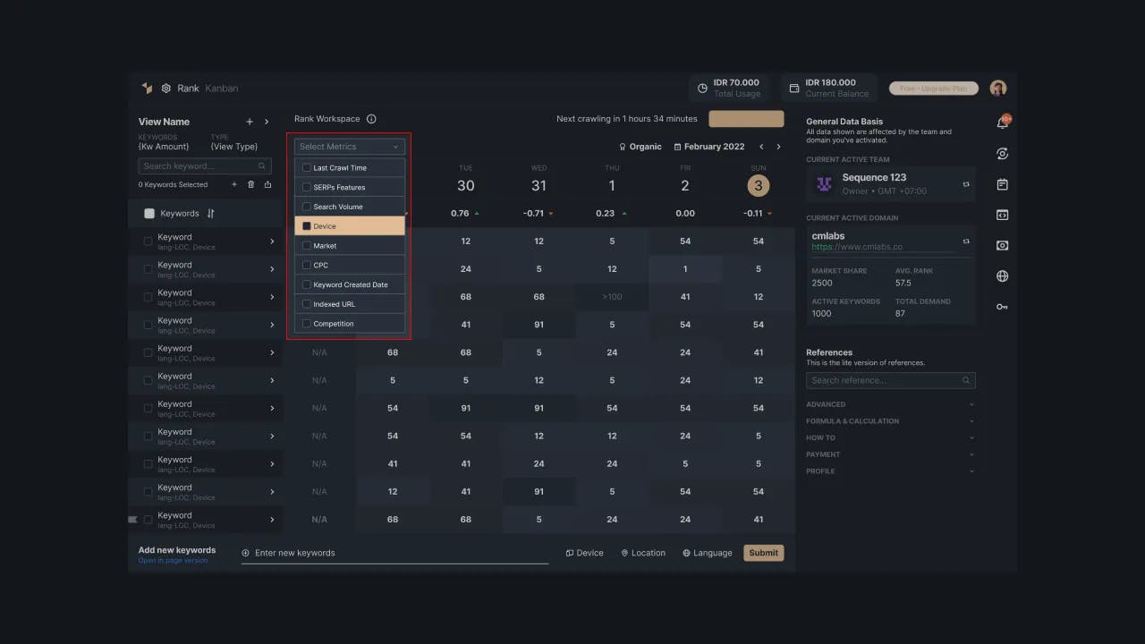 Picture 2: Keyword metrics in the rank dashboard