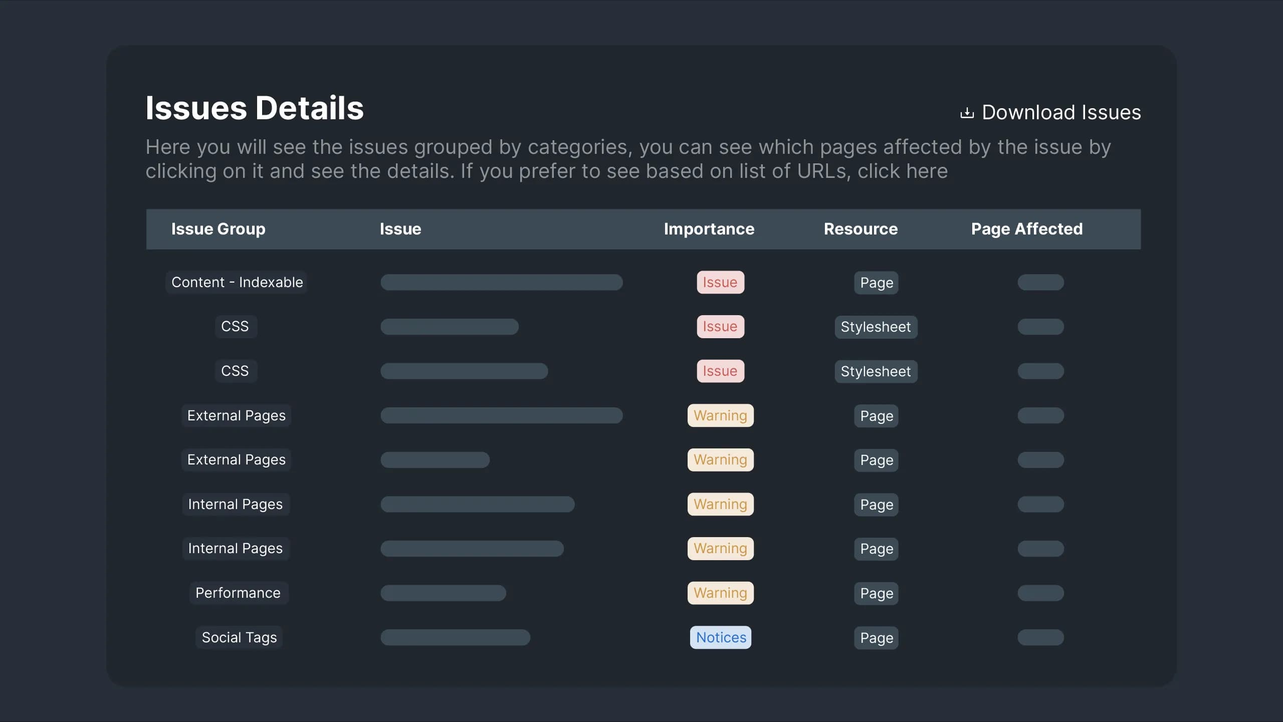 Picture 2: Sequence Stats list of issues in the Site Audit feature