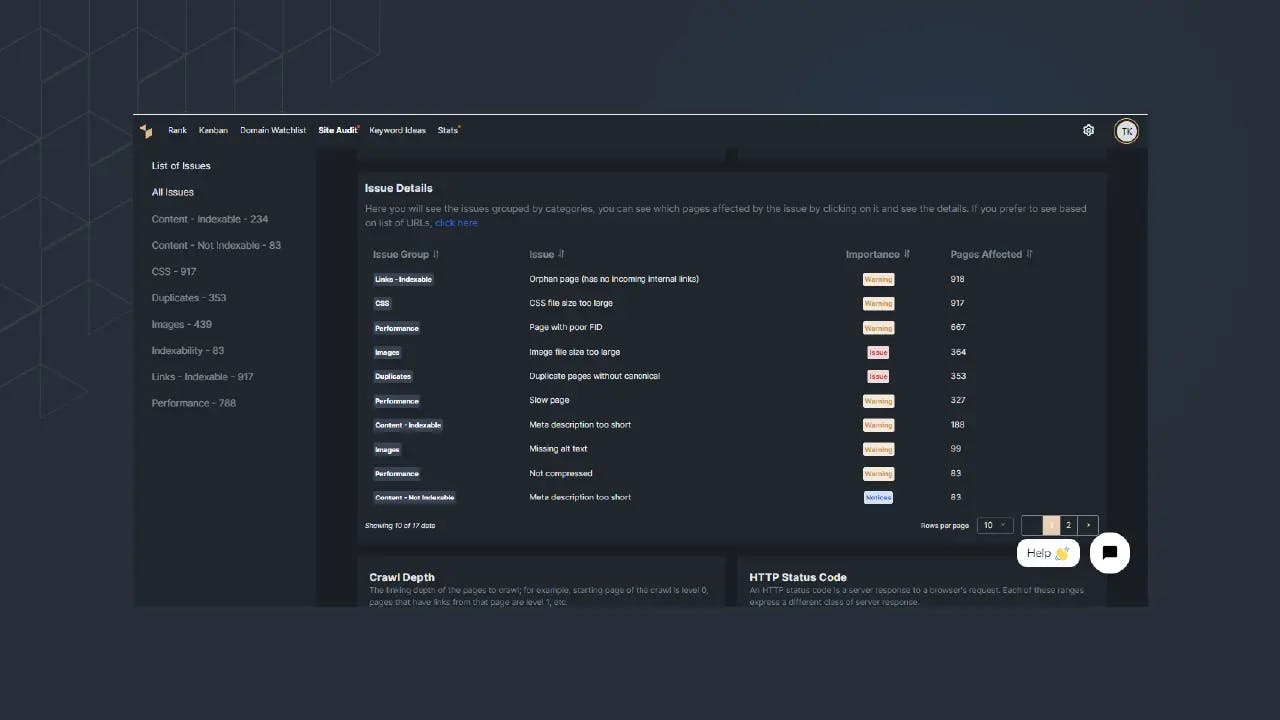 Picture 3: List of Issues in the Sequence Stats Site Audit 