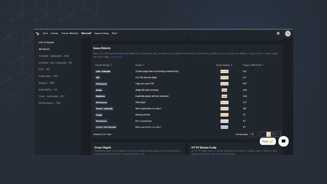 Picture 3: List of Issues in the Sequence Stats Site Audit